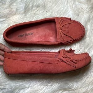 Minnetonka kilty suede moccasin loafers light red
